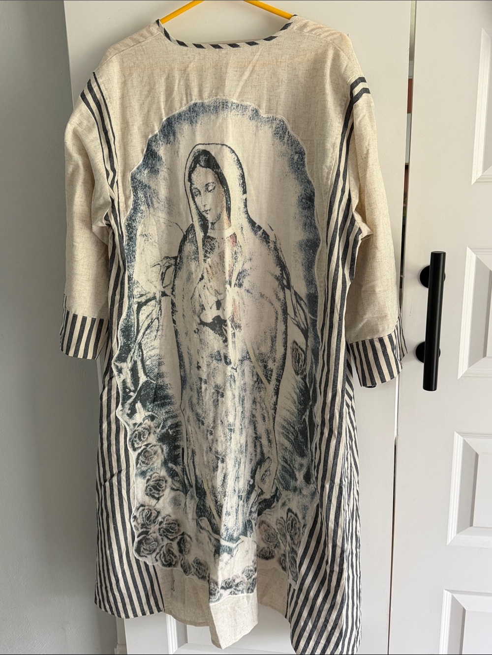 Blue Velvet Illustrated Virgin Mary cotton linen duster Cream Navy L/XL
